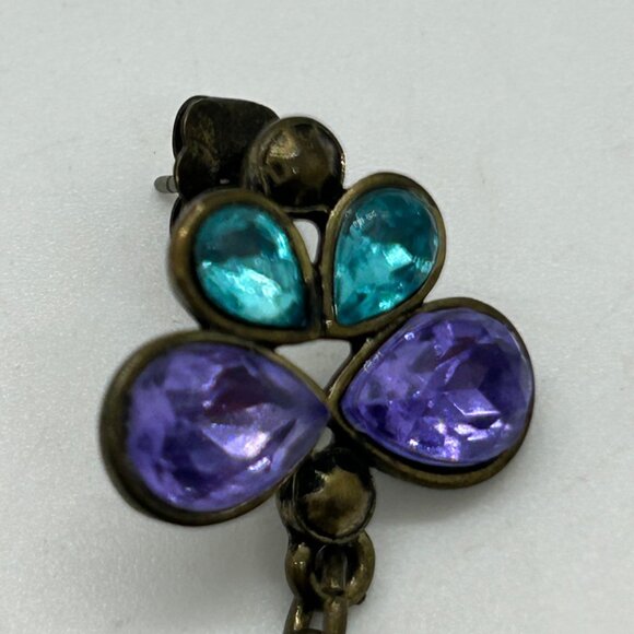 Vintage Rhinestone Dangle Earrings Purple Turquoise Yellow Statement Mardi Gras - Picture 4 of 12